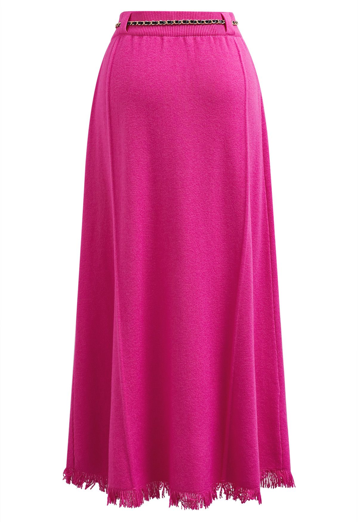 Chain Belt Fringe Hem Knit Maxi Skirt in Hot Pink