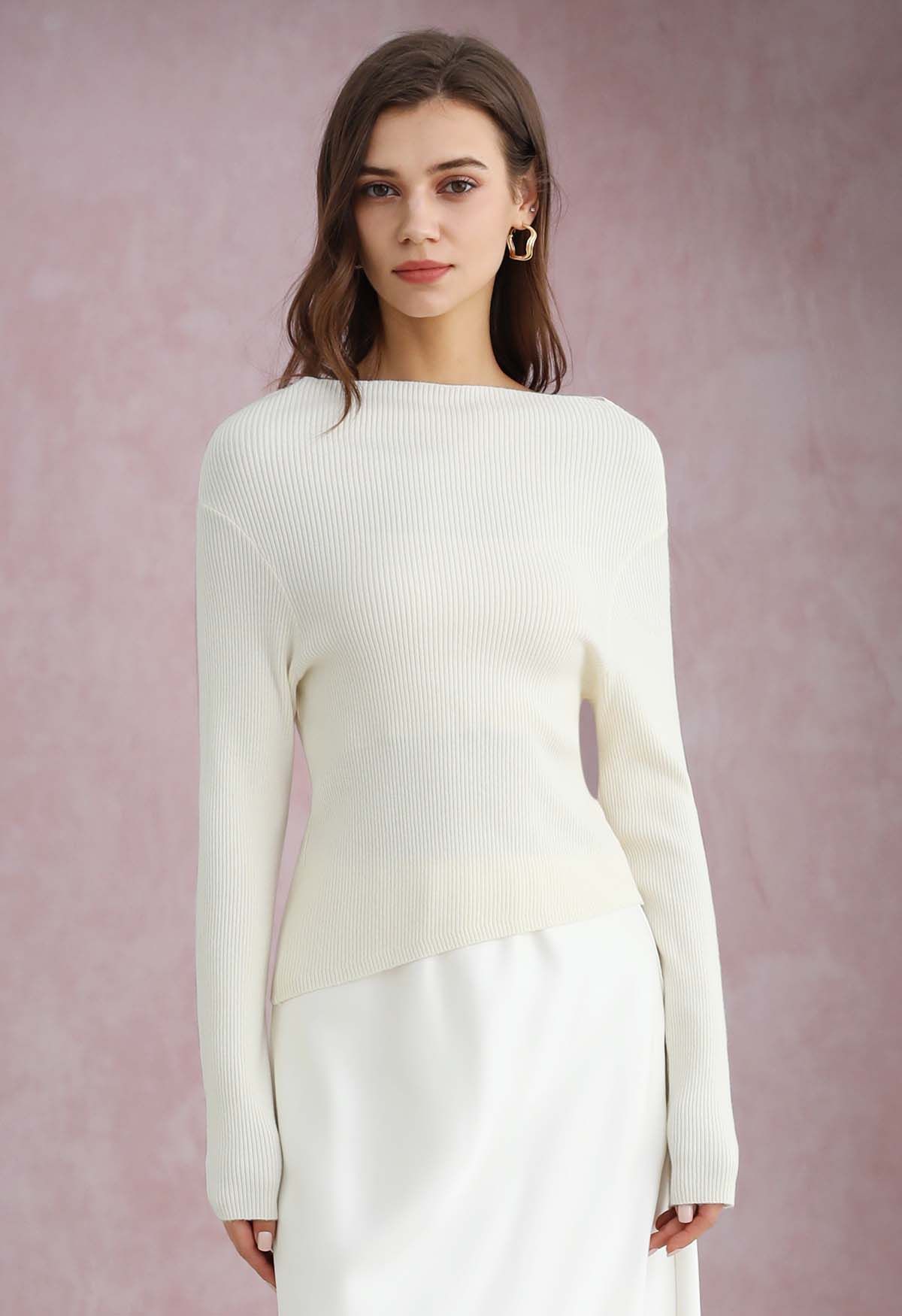 Slanted Hem Ribbed Knit Top in White