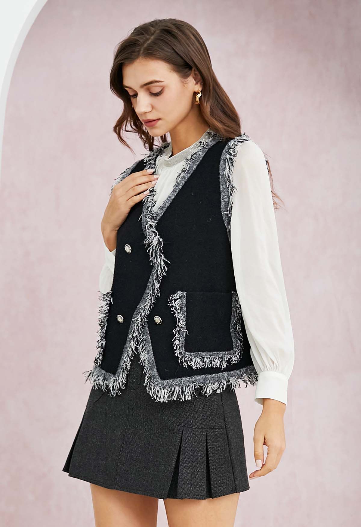 Fringe Edge Double-Breasted Knit Vest in Black