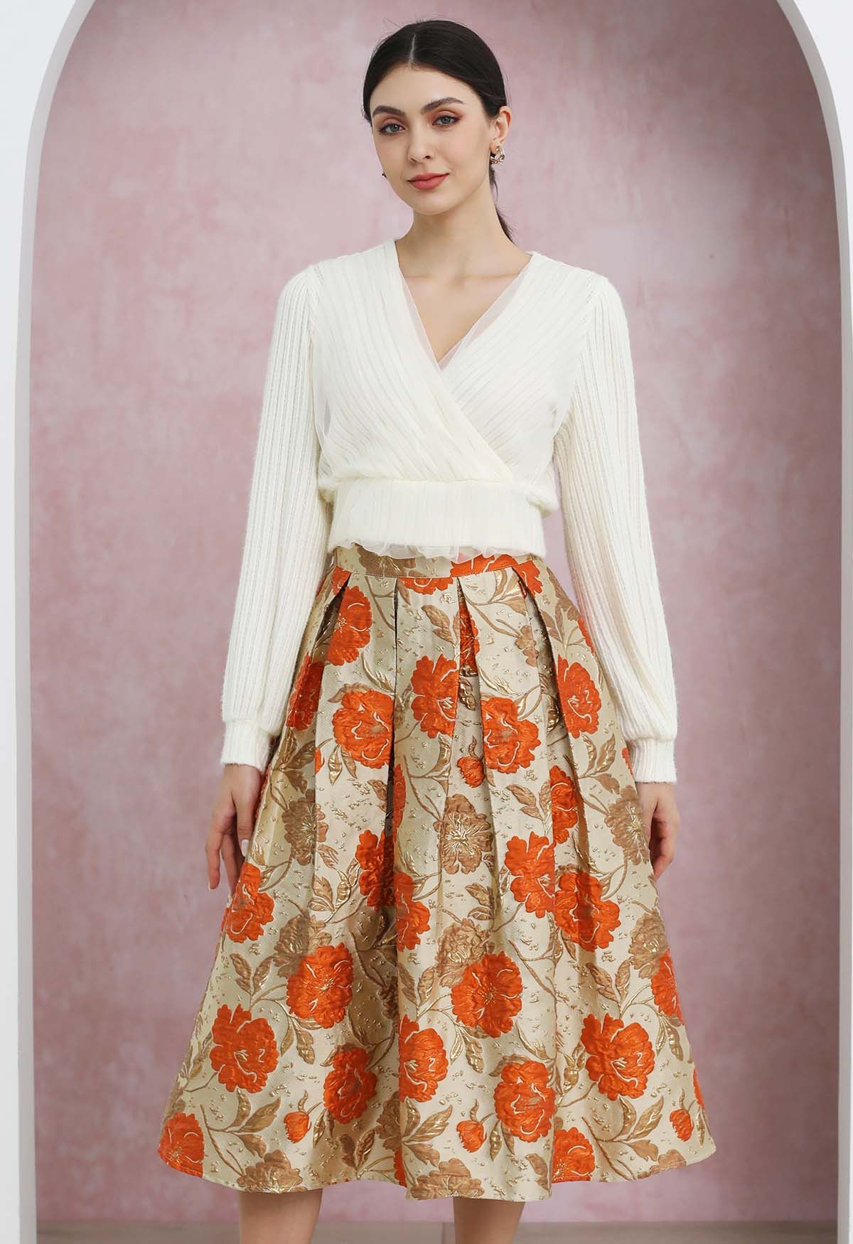 Ornate Floral Jacquard Pleated Flare Midi Skirt in Orange