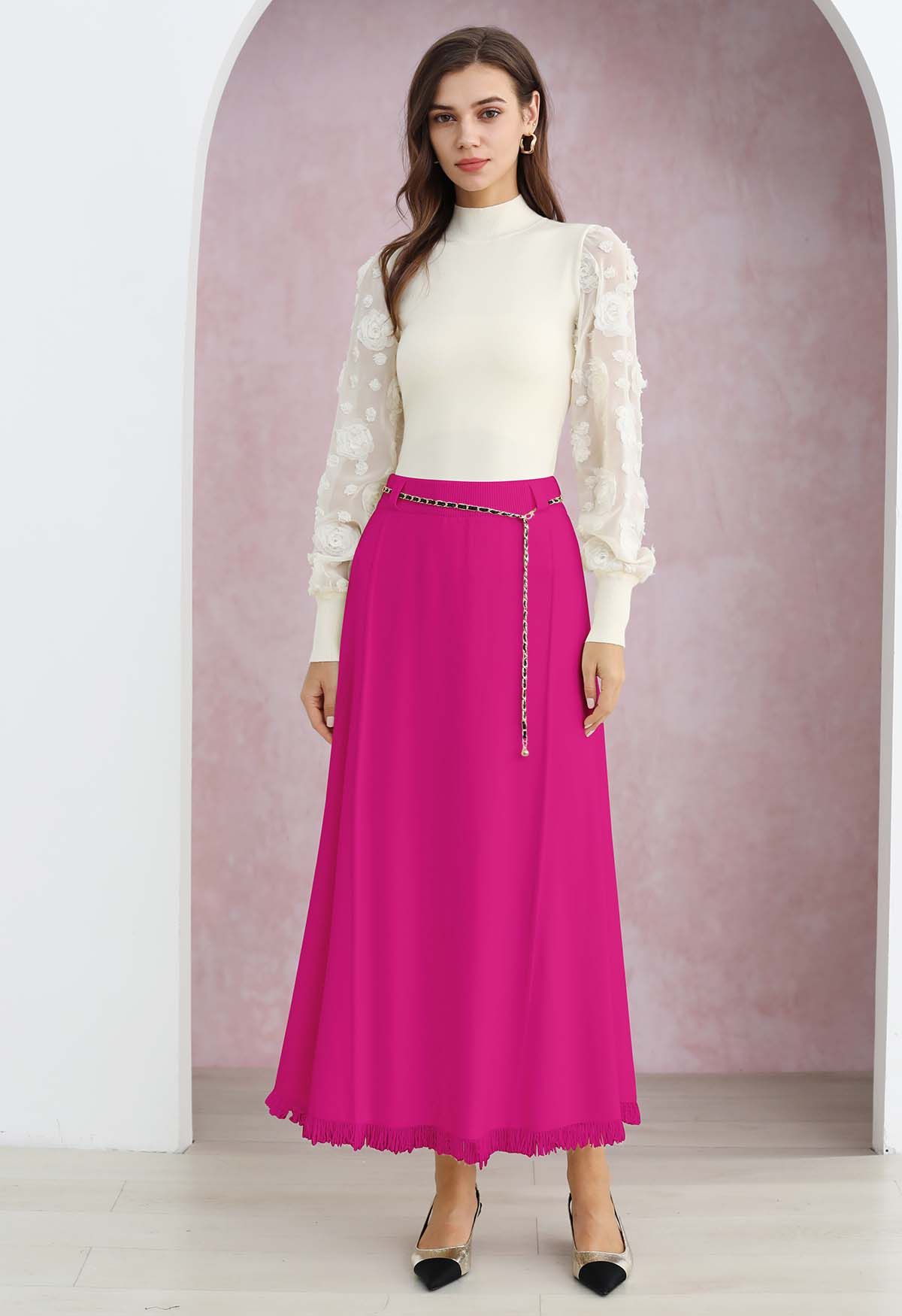 Chain Belt Fringe Hem Knit Maxi Skirt in Hot Pink