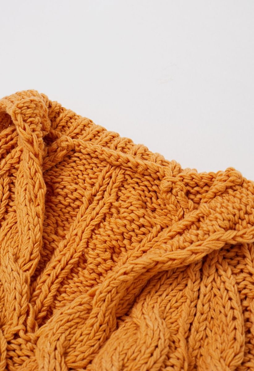 Collared V-Neck Chunky Cable-Knit Sweater in Orange