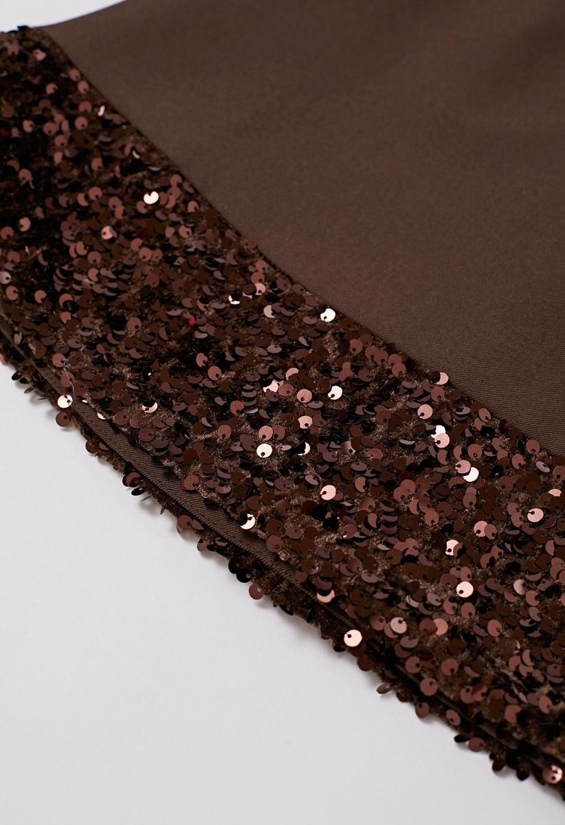 Shine Glamour Sequin Hem Mini Skirt in Brown