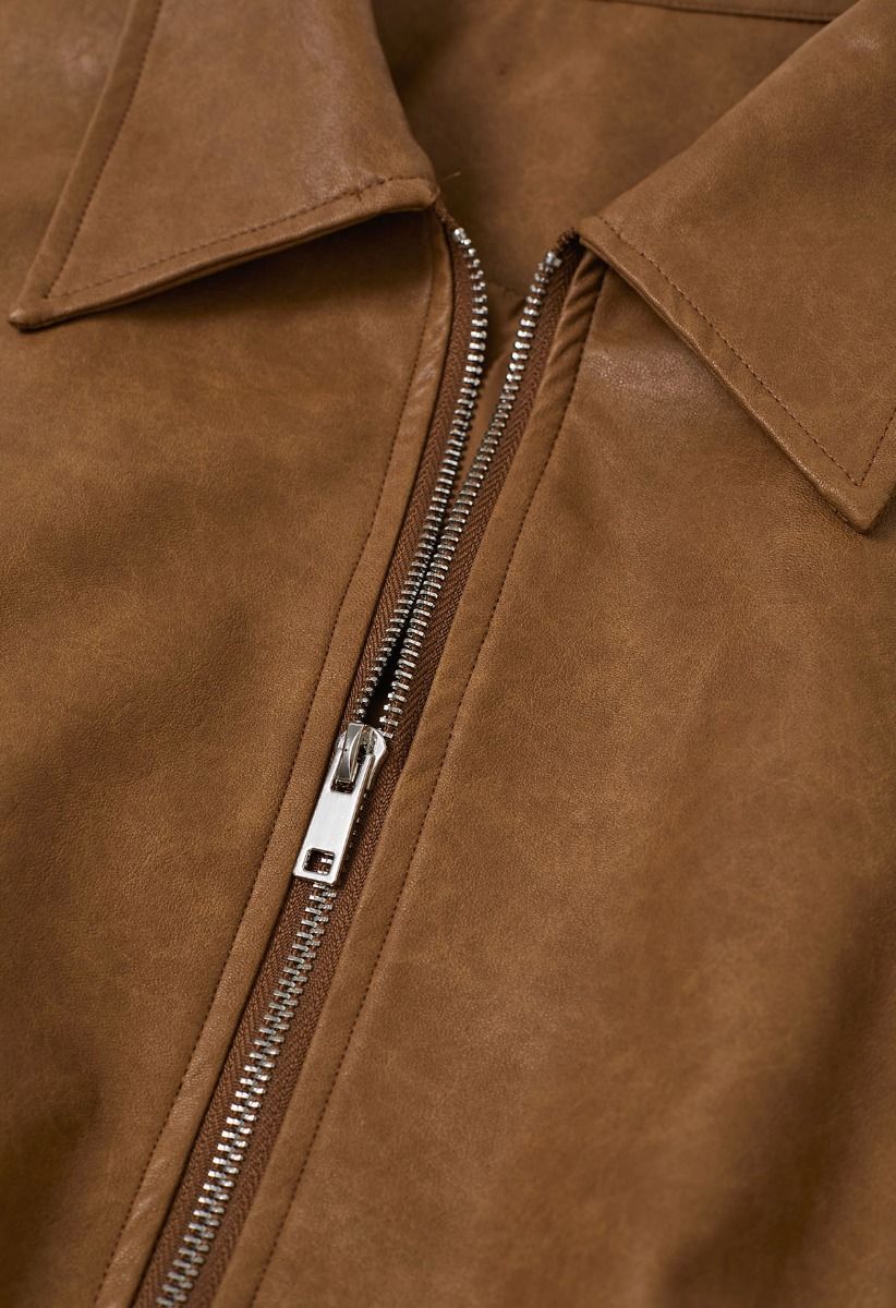 Point Collar Faux Leather Zipper Jacket in Caramel