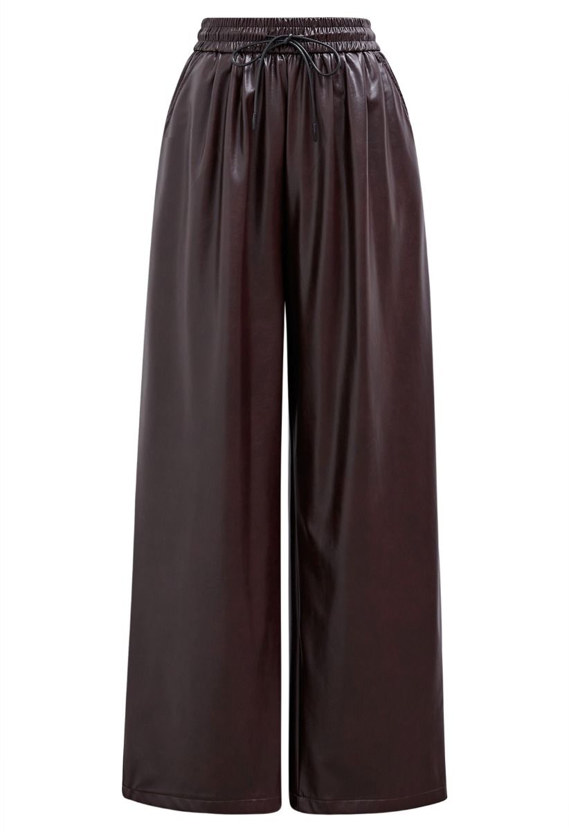 City Stroll Faux Leather Drawstring Pants in Burgundy