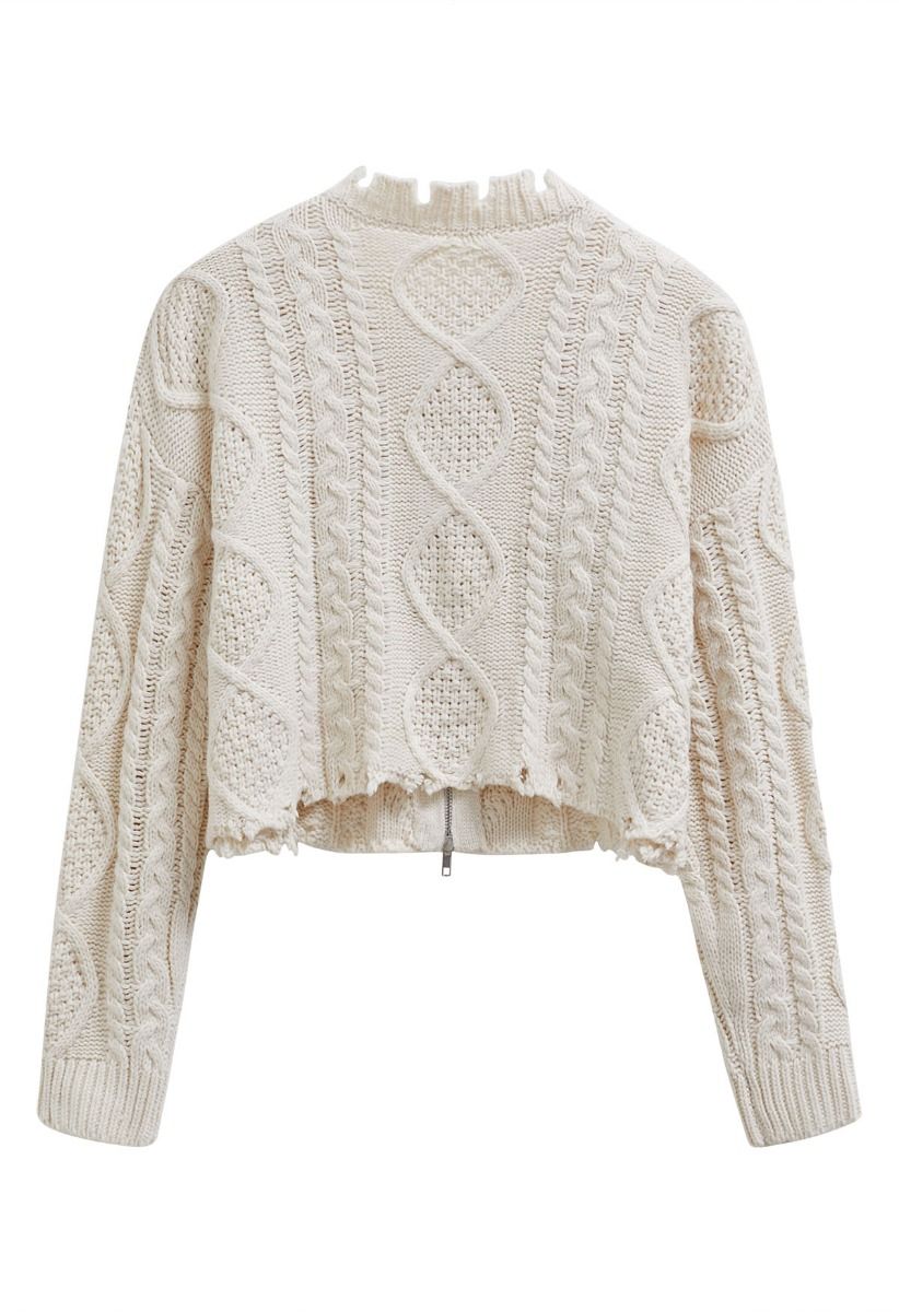 Raw Edge Cable Knit Zipper Crop Cardigan in Ivory