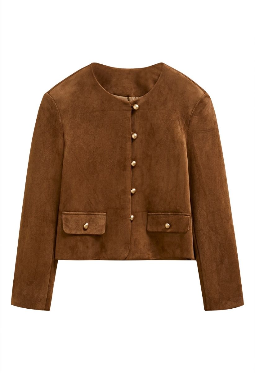 Decorative Flap Pockets Suede Button-Up Jacket