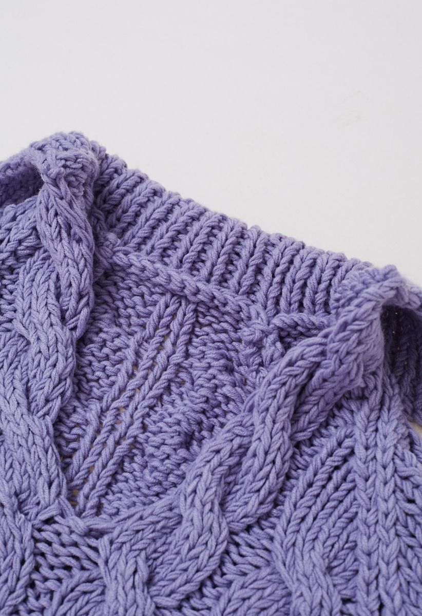 Collared V-Neck Chunky Cable-Knit Sweater in Lavender