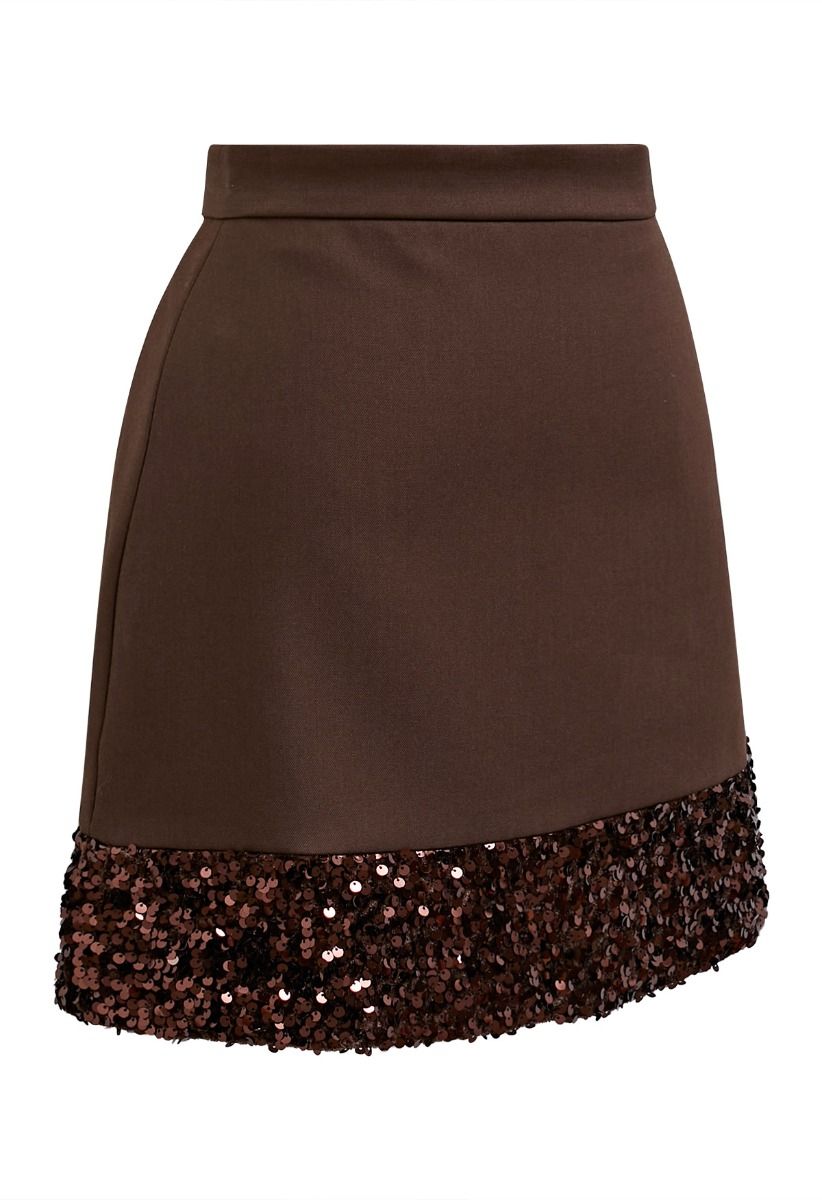 Shine Glamour Sequin Hem Mini Skirt in Brown