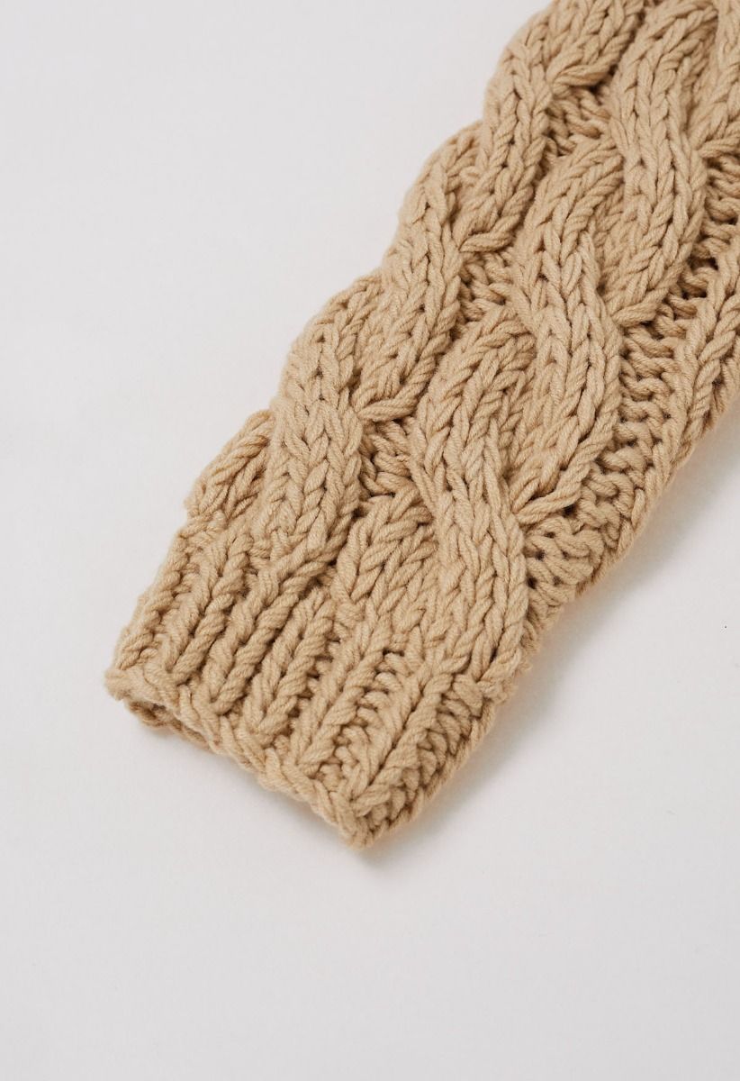 Collared V-Neck Chunky Cable-Knit Sweater in Tan