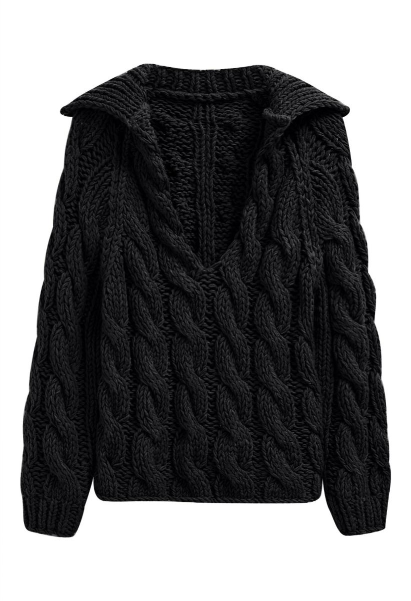 Collared V-Neck Chunky Cable-Knit Sweater in Black