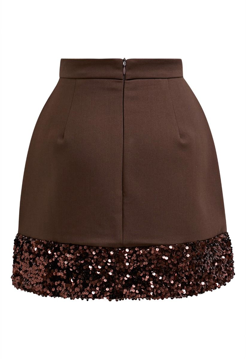 Shine Glamour Sequin Hem Mini Skirt in Brown