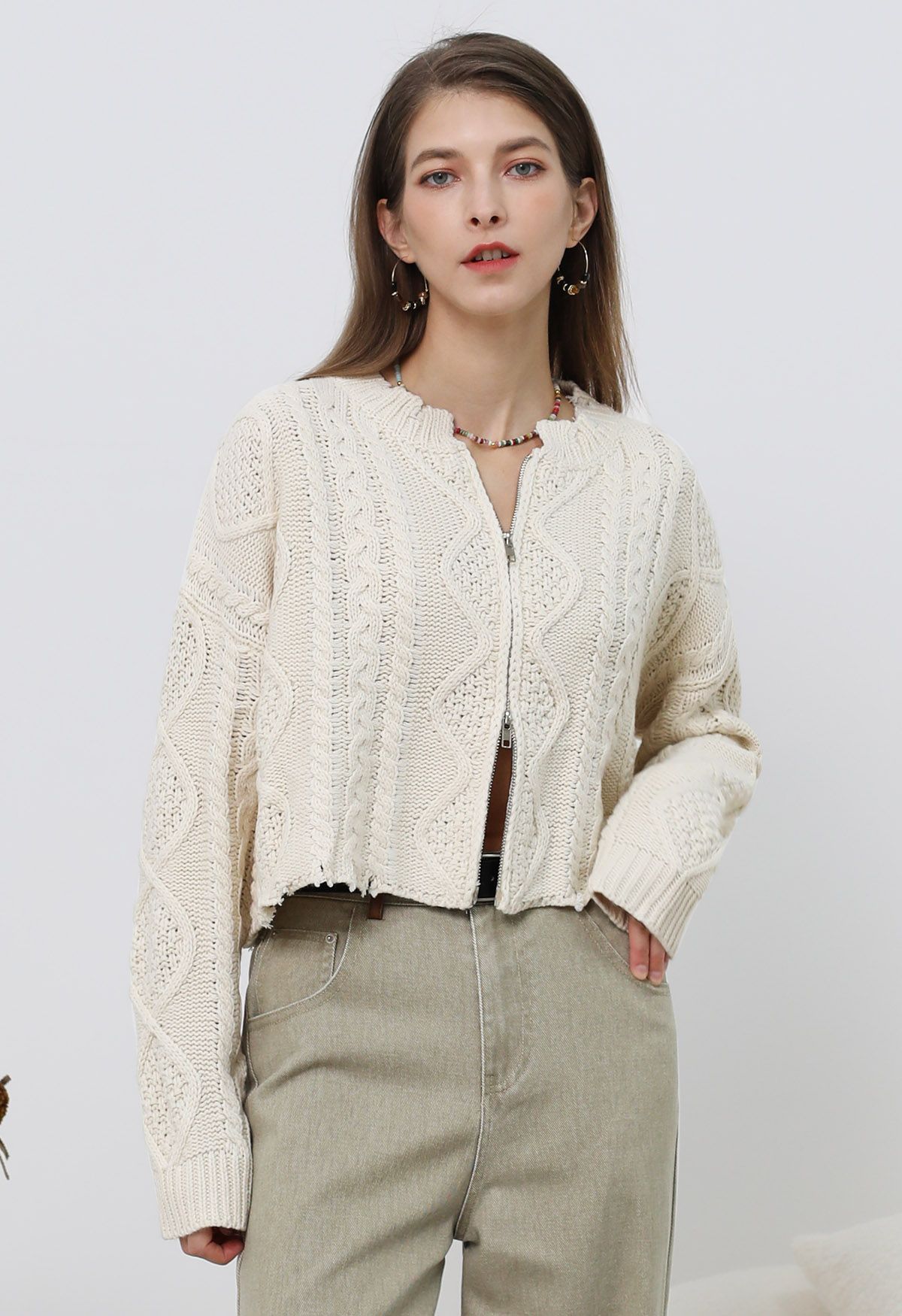 Raw Edge Cable Knit Zipper Crop Cardigan in Ivory