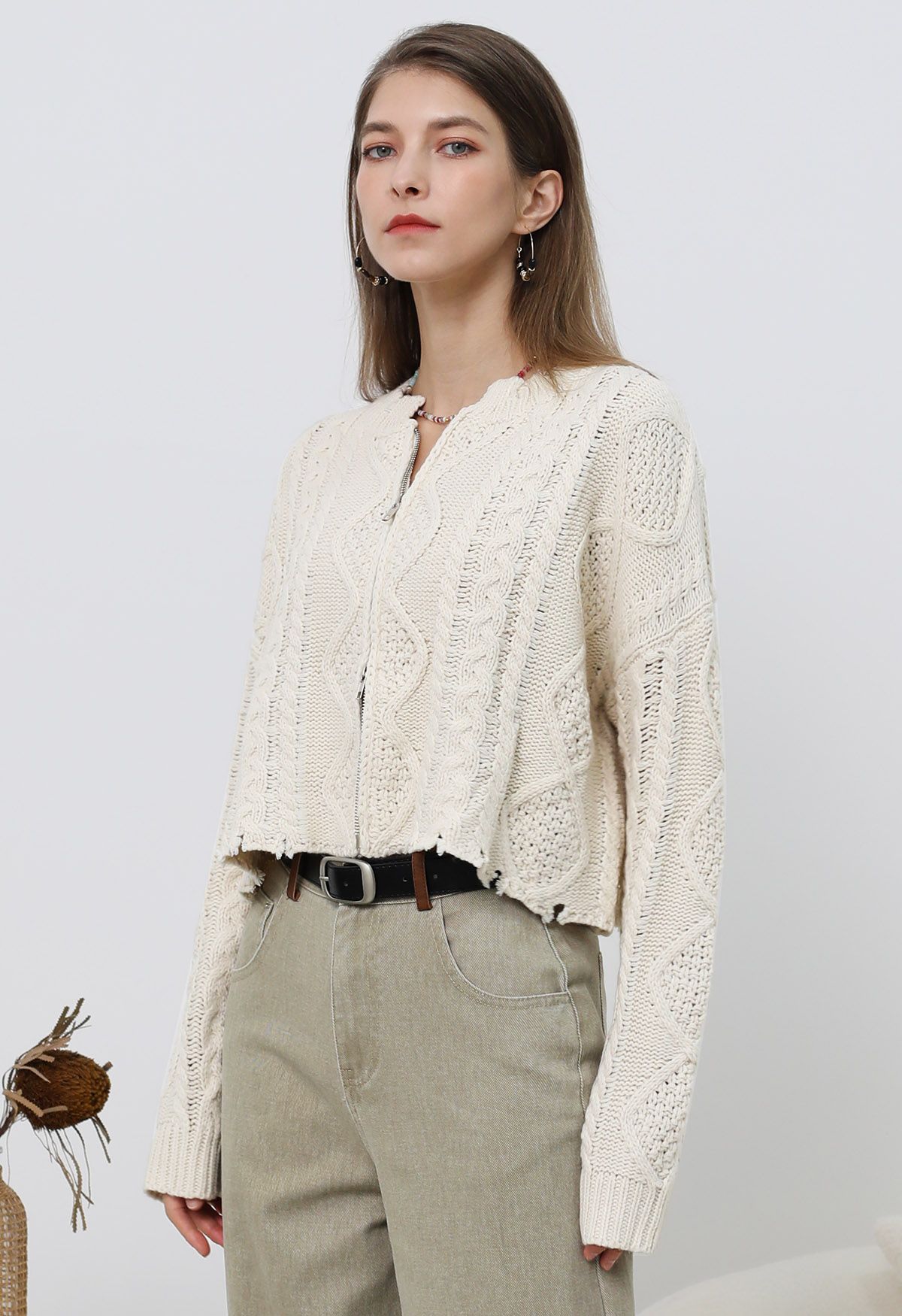 Raw Edge Cable Knit Zipper Crop Cardigan in Ivory