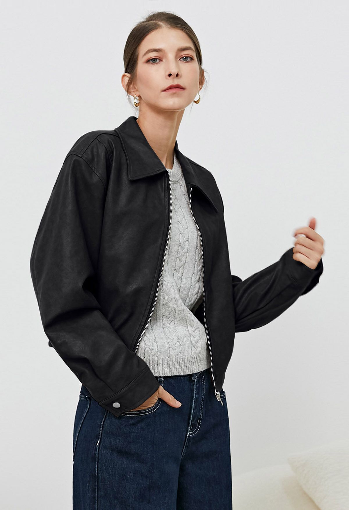 Point Collar Faux Leather Zipper Jacket in Black