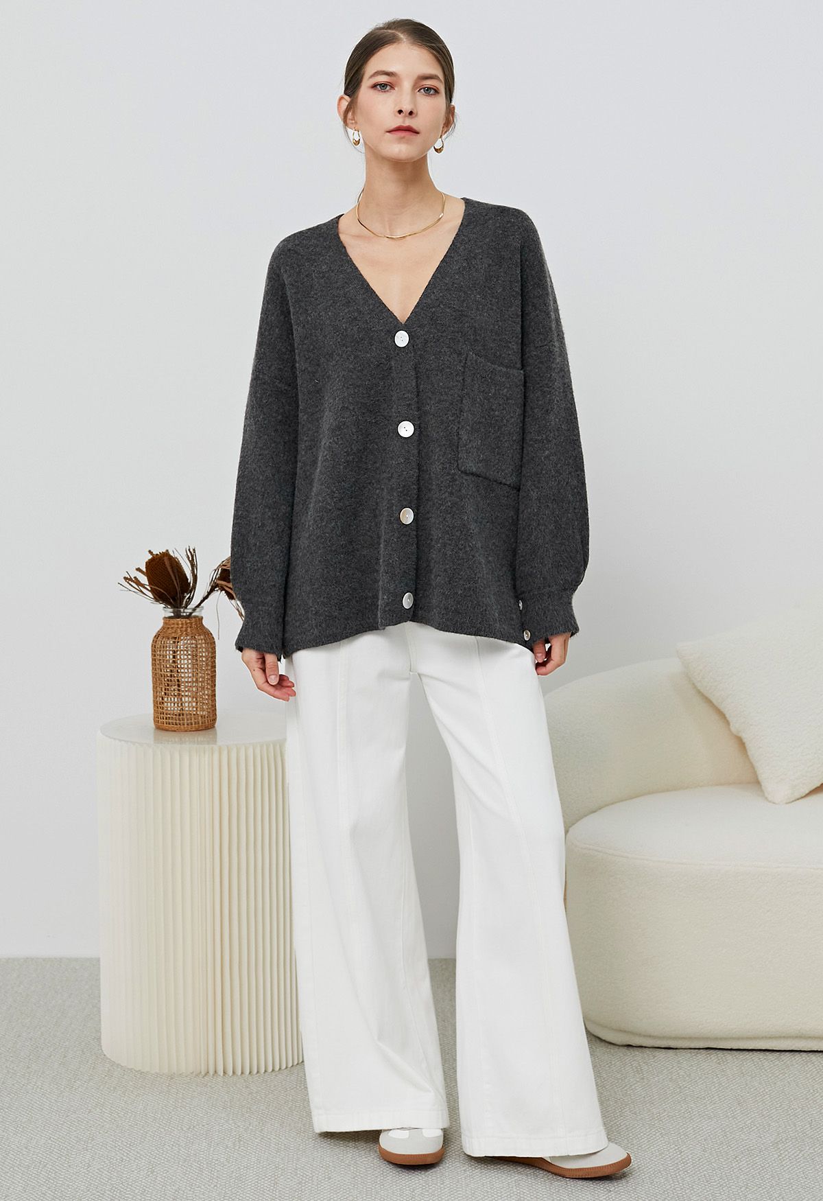 Relaxed Patch-Pocket Button Down Cardigan in Smoke