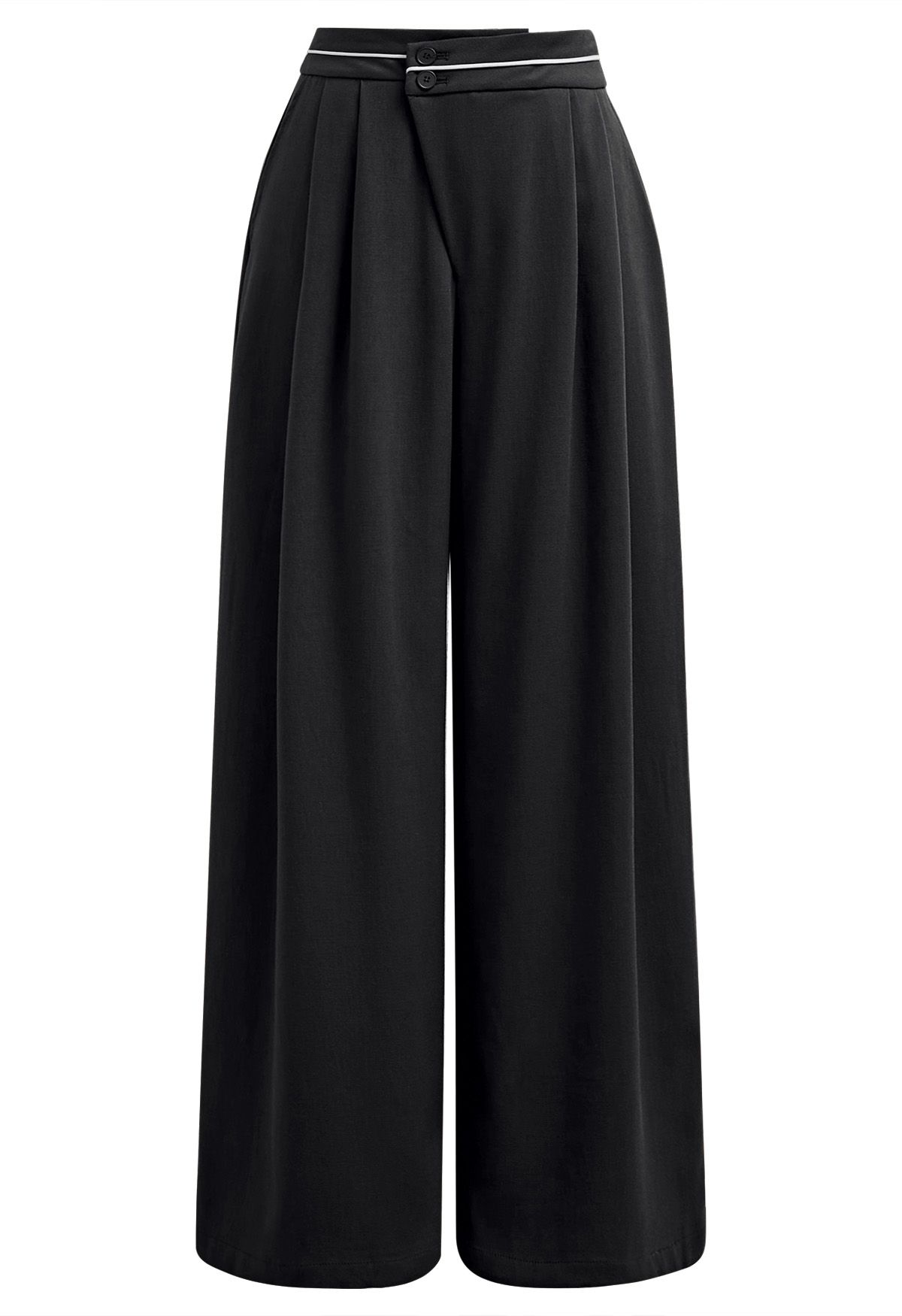 Contrast Piping Buttoned Pleats Palazzo Pants in Black