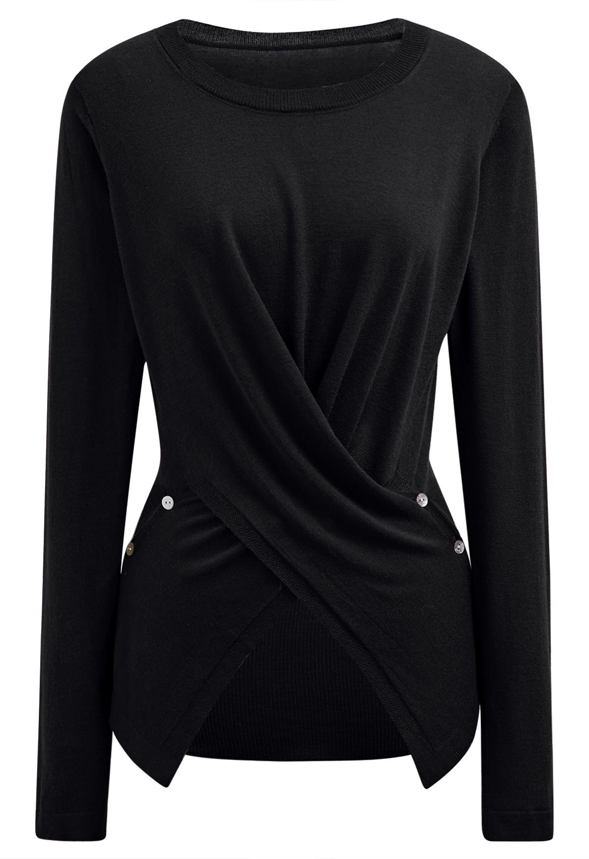 Fascinating Crisscross Buttoned Knit Top in Black