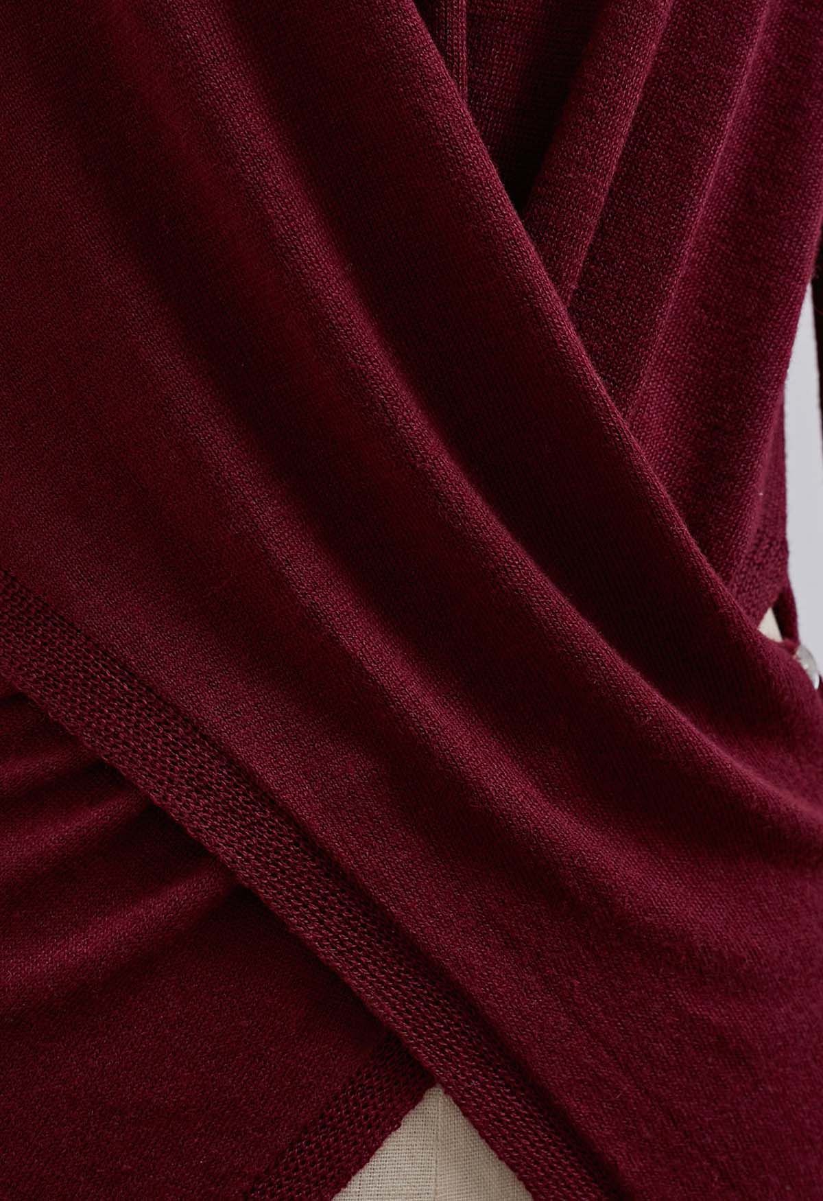 Fascinating Crisscross Buttoned Knit Top in Burgundy