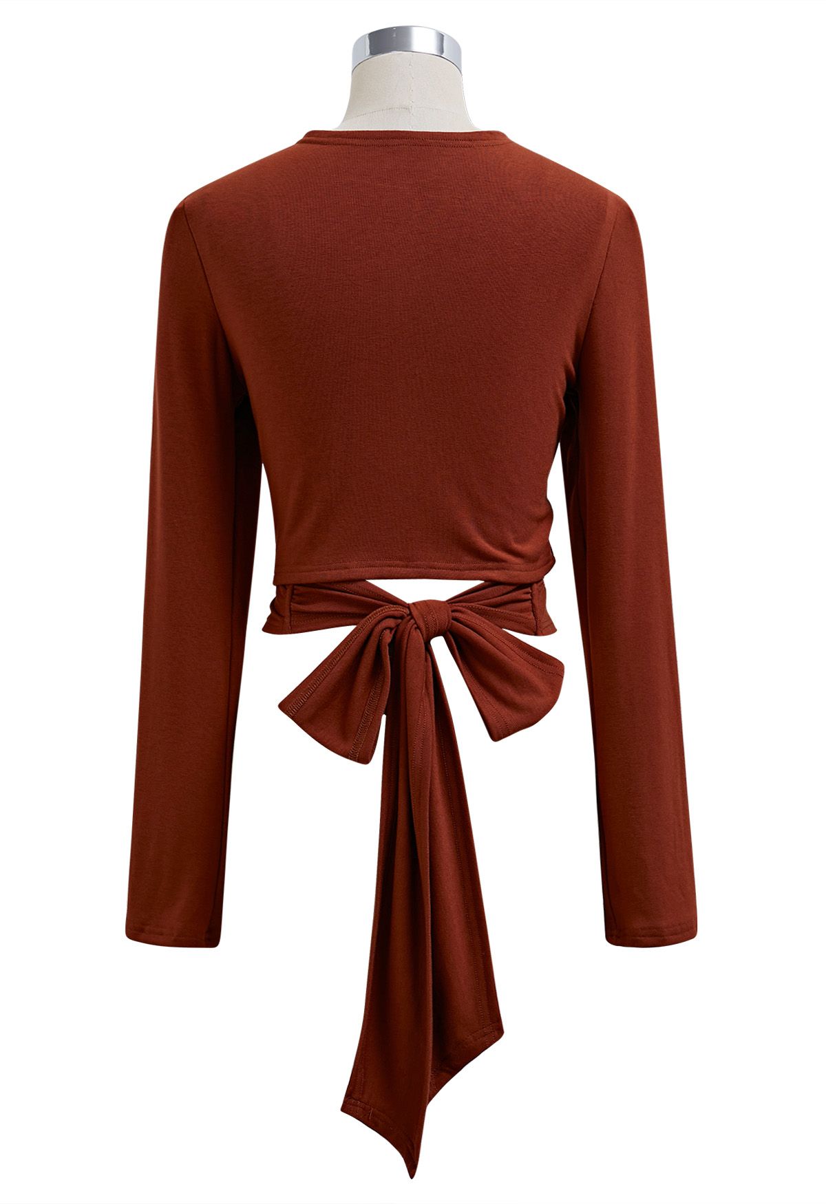 Self-Tie Back Ribbon Wrapped Front Top in Rust Red