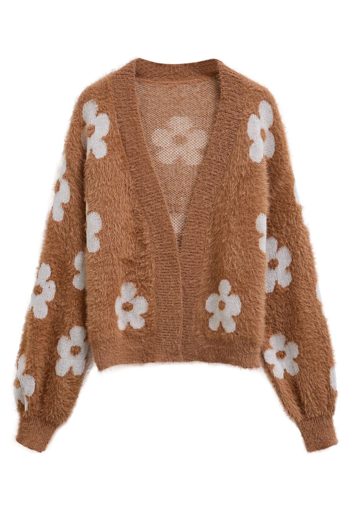 Cuteness Flowers Fuzzy Knit Cardigan in Caramel