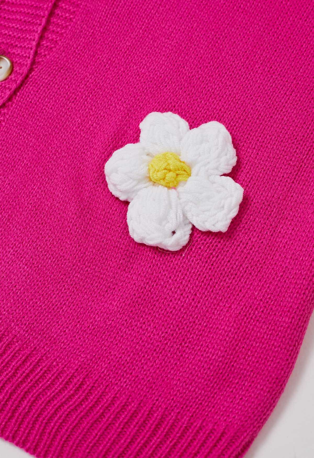 Lovely 3D Flower Buttoned Knit Cardigan in Magenta