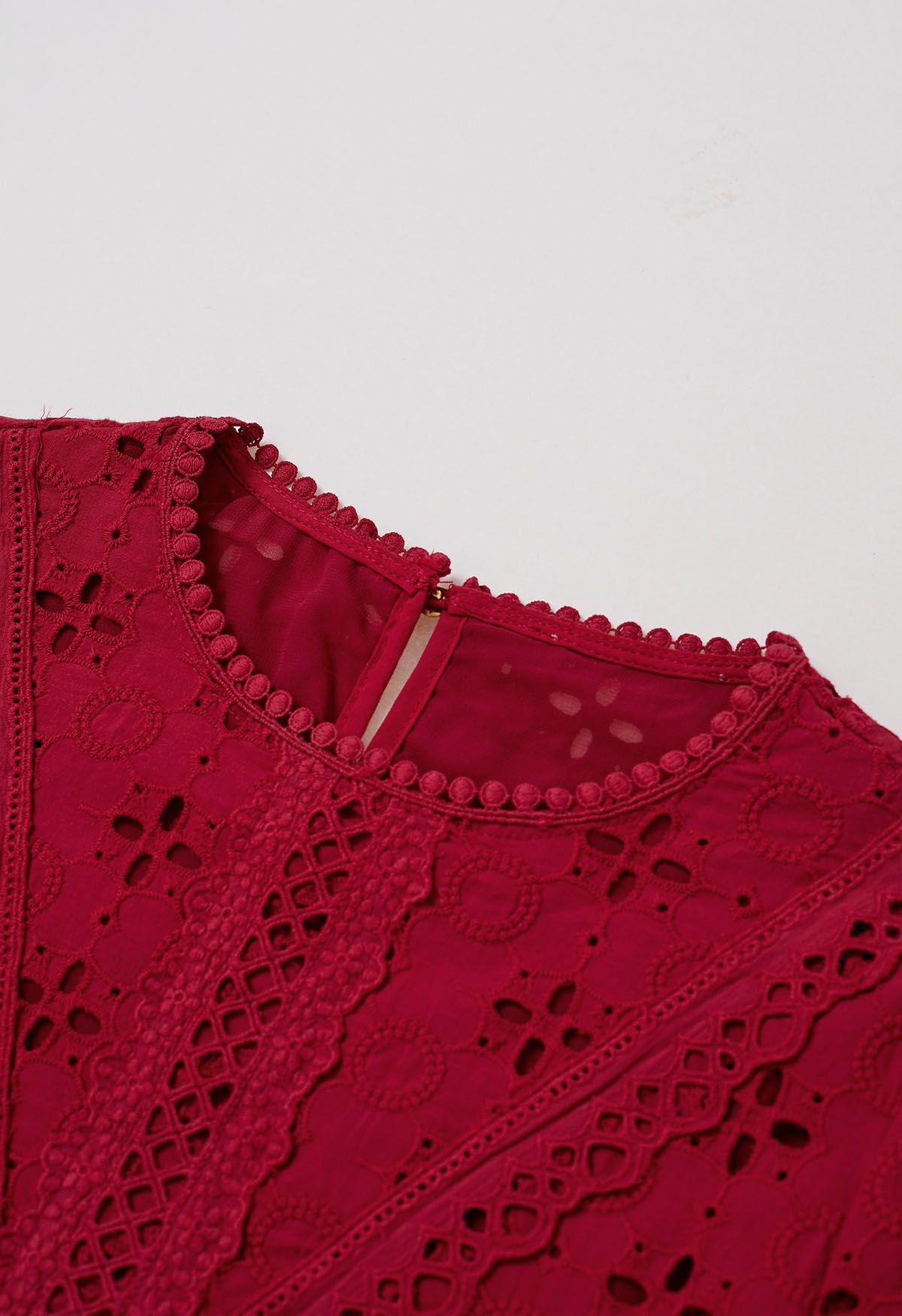 Intricate Petals Eyelet Embroidery Cotton Top in Red