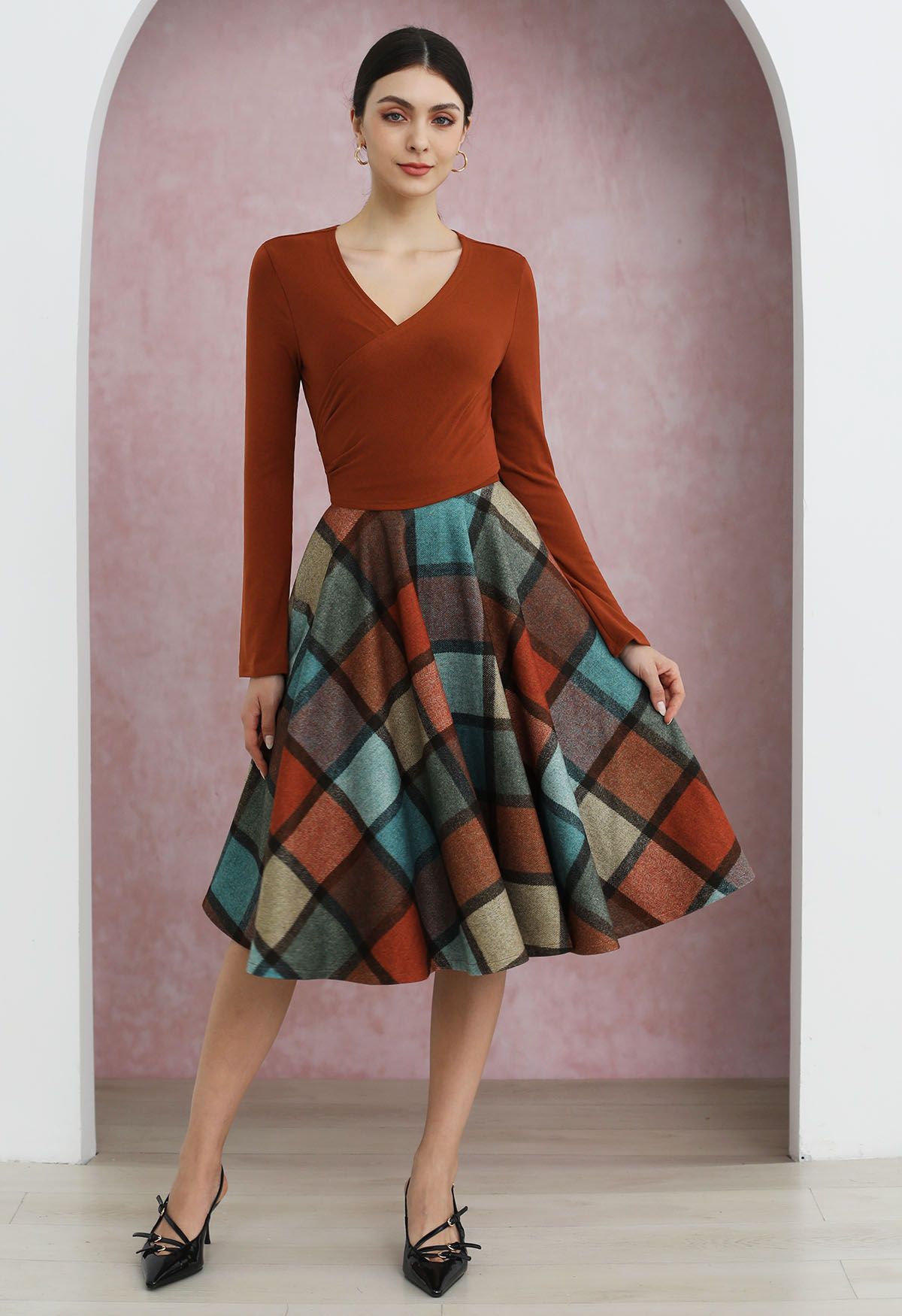 Color Block Checked Pattern Flare Midi Skirt