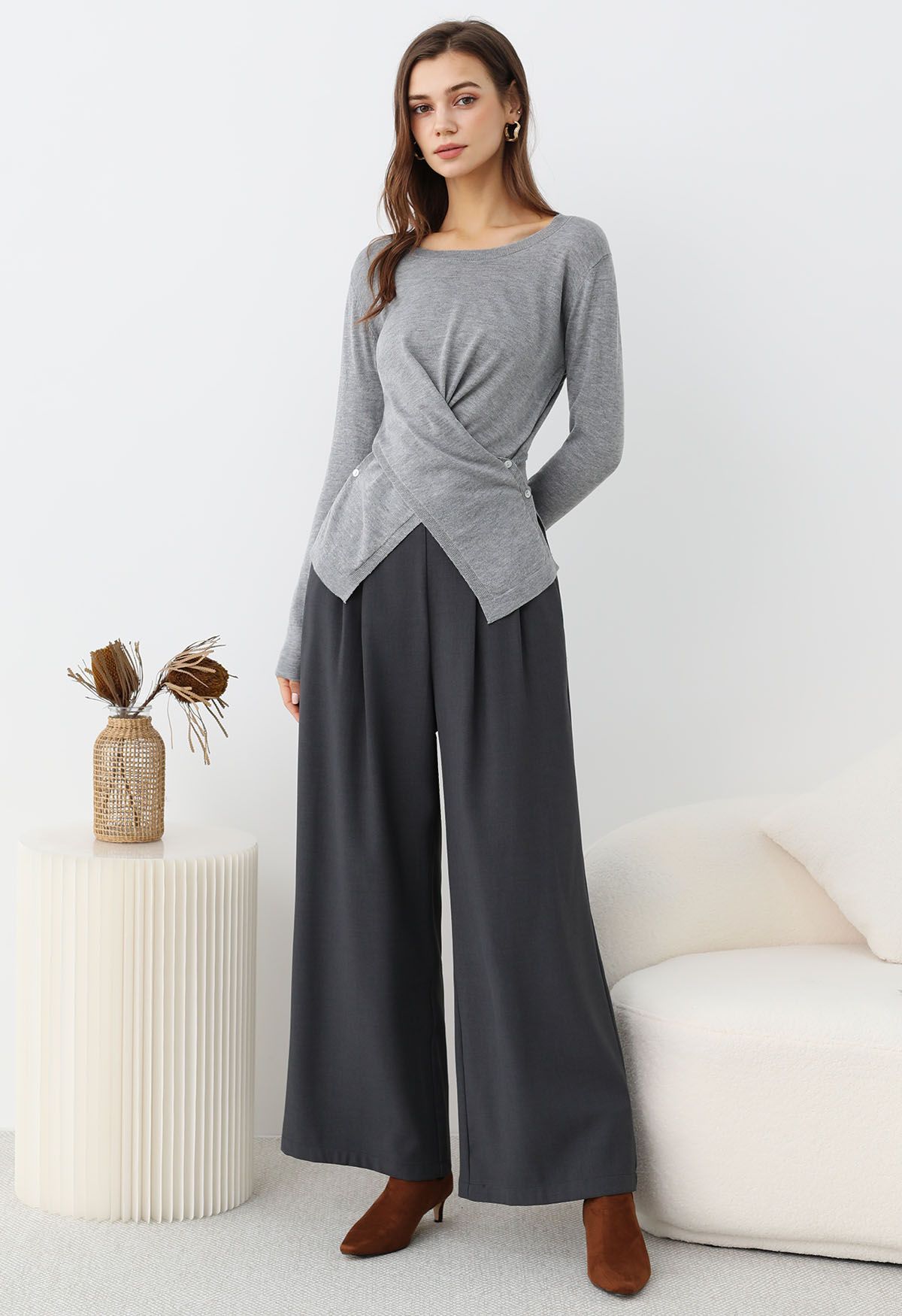 Fascinating Crisscross Buttoned Knit Top in Grey