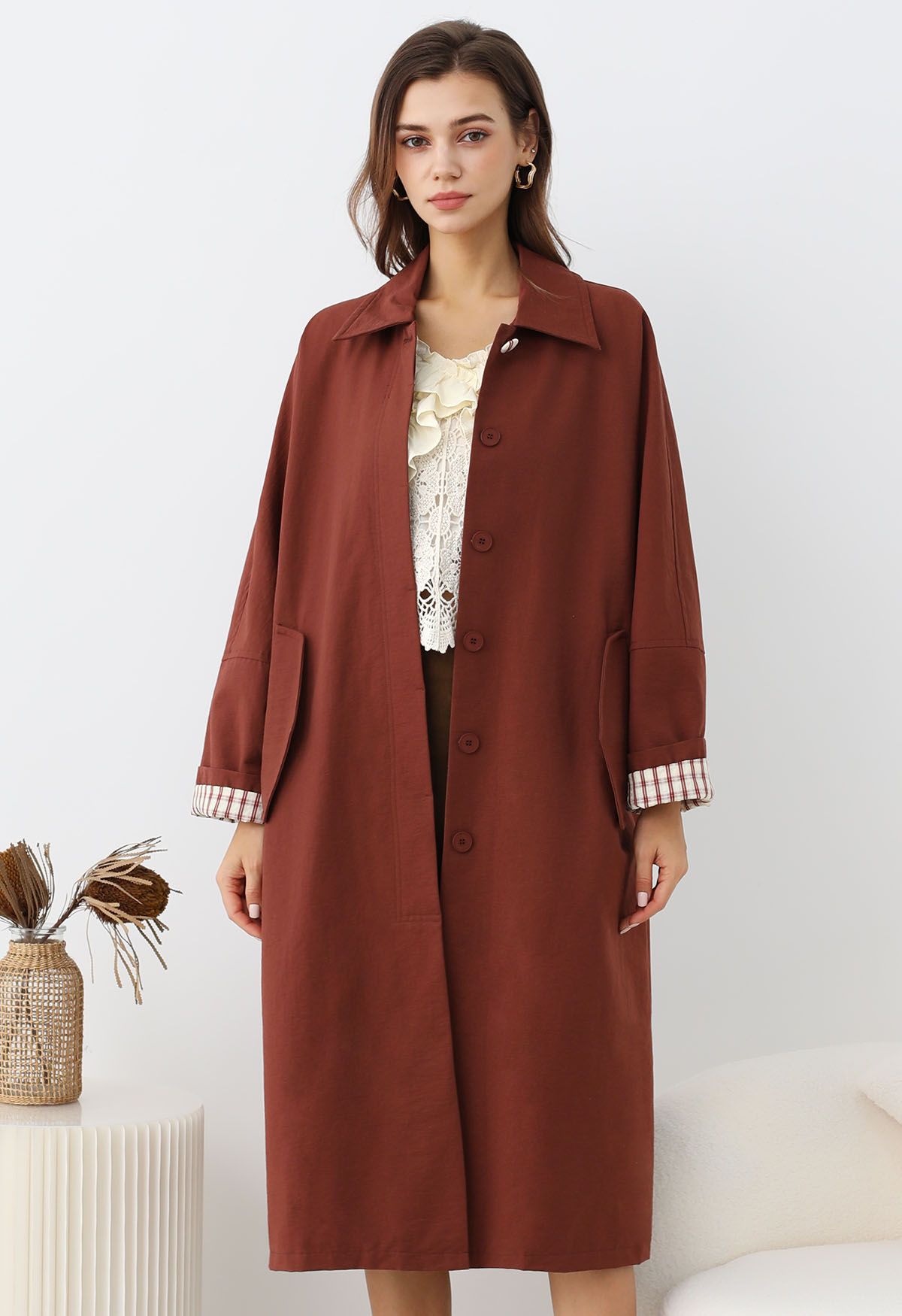 Modern Flair Plaid Cuff Button Down Trench Coat in Red