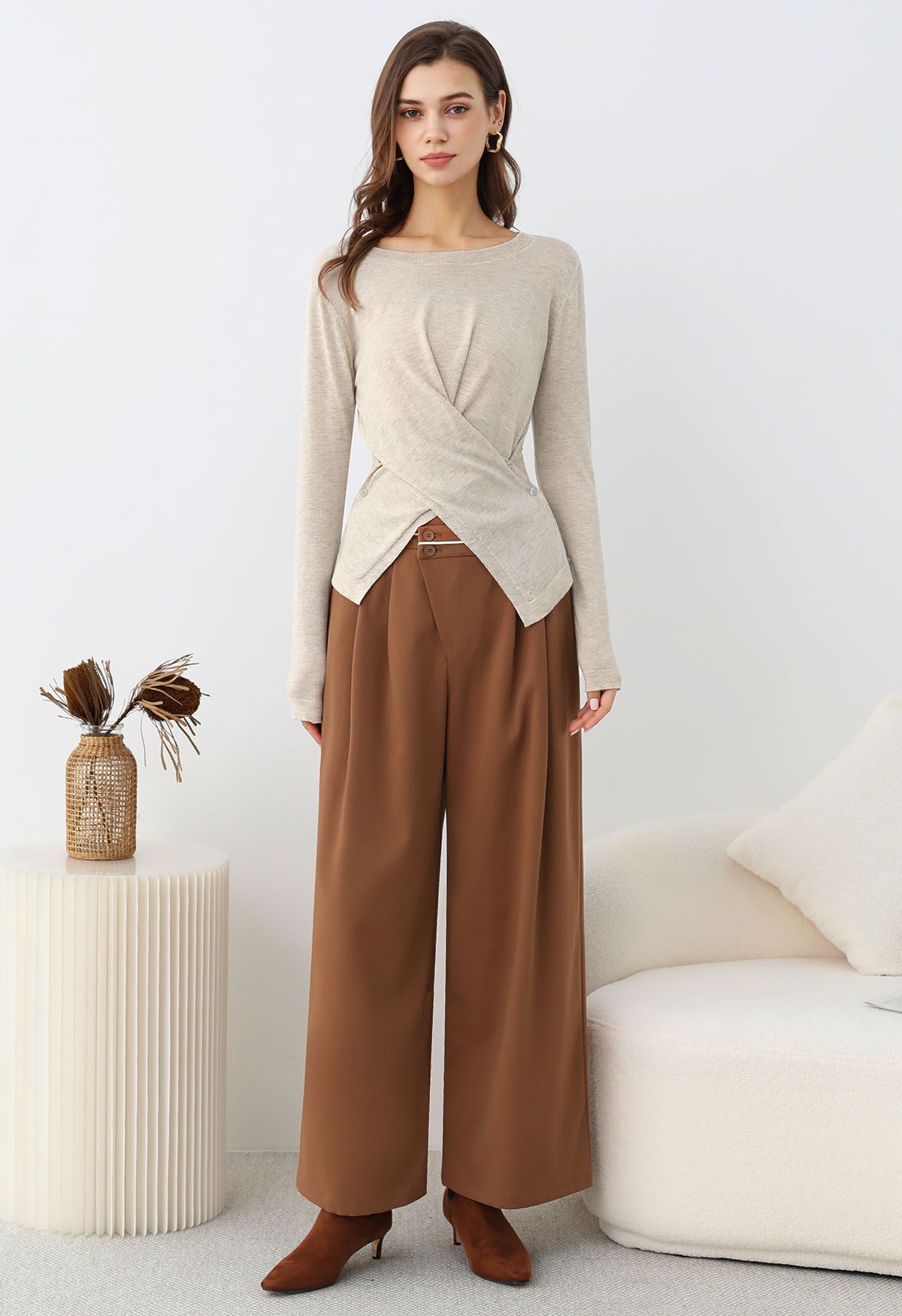 Fascinating Crisscross Buttoned Knit Top in Oatmeal