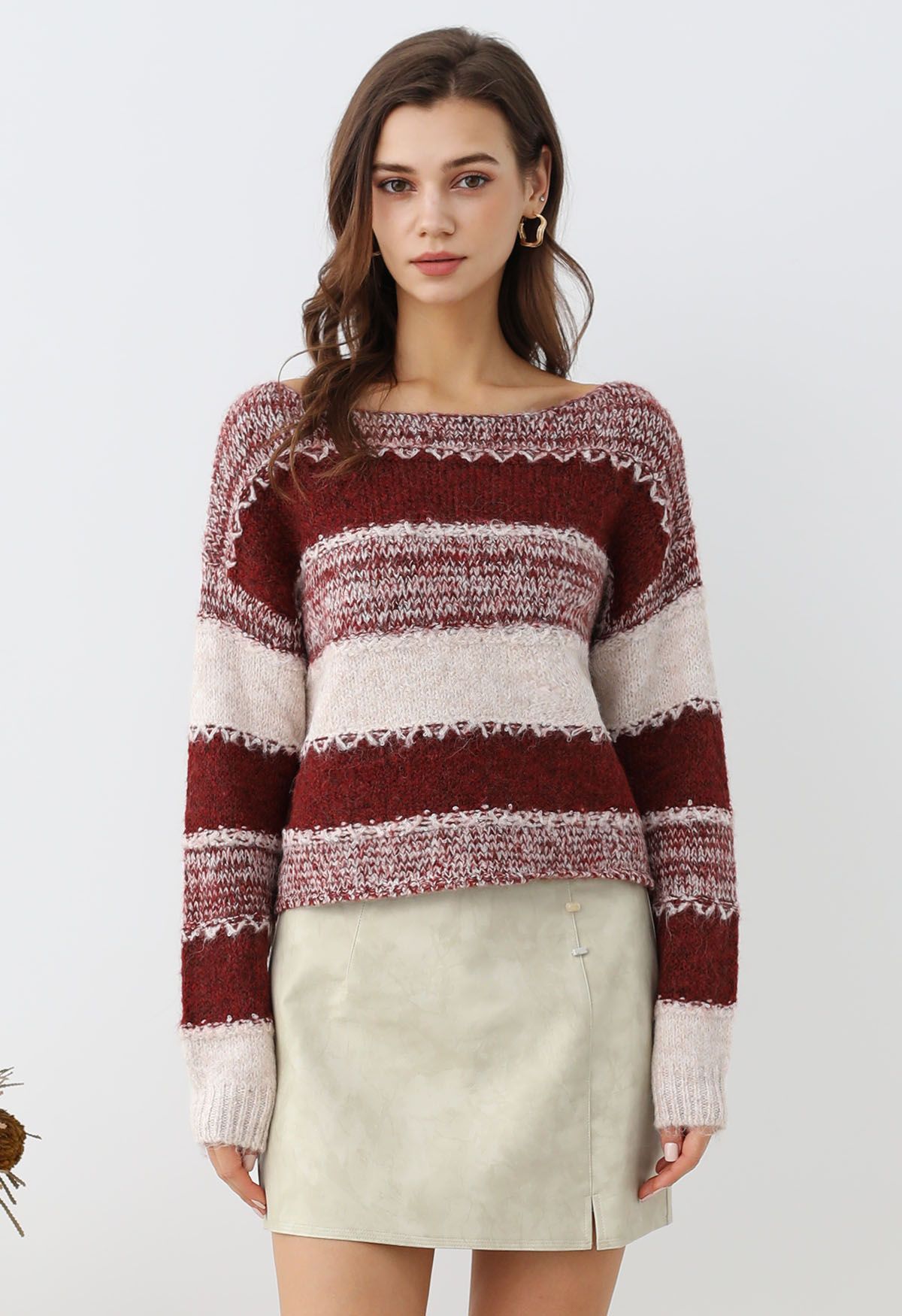 Fair Isle Stripe Cropped Knit Sweater in Red