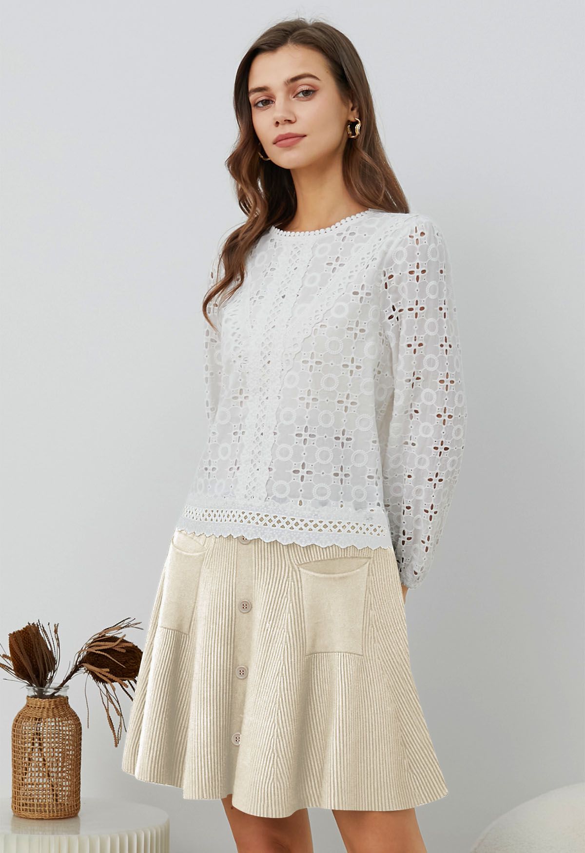 Patch Pockets Button Trim Knit Mini Skirt in Sand