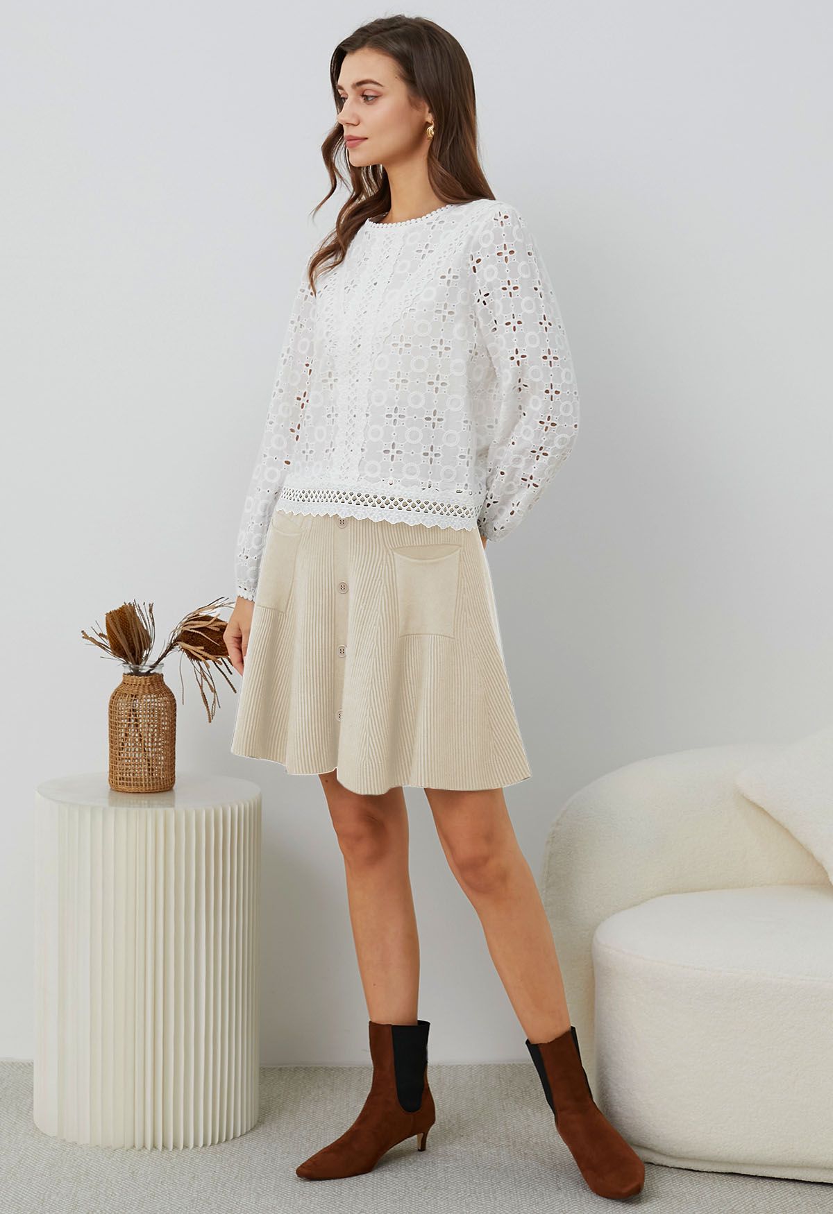 Patch Pockets Button Trim Knit Mini Skirt in Sand