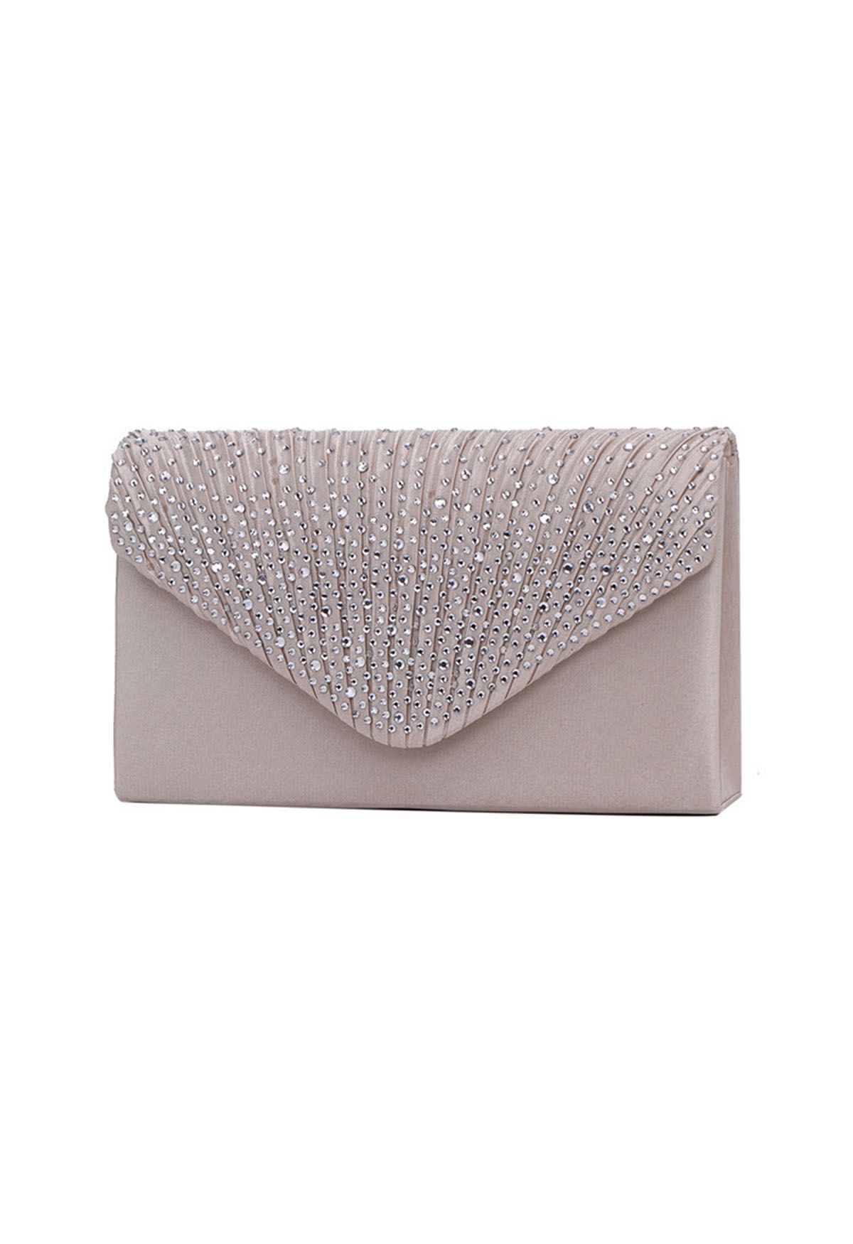 Rhinestone Embellished Satin Envelope Bag in Apricot