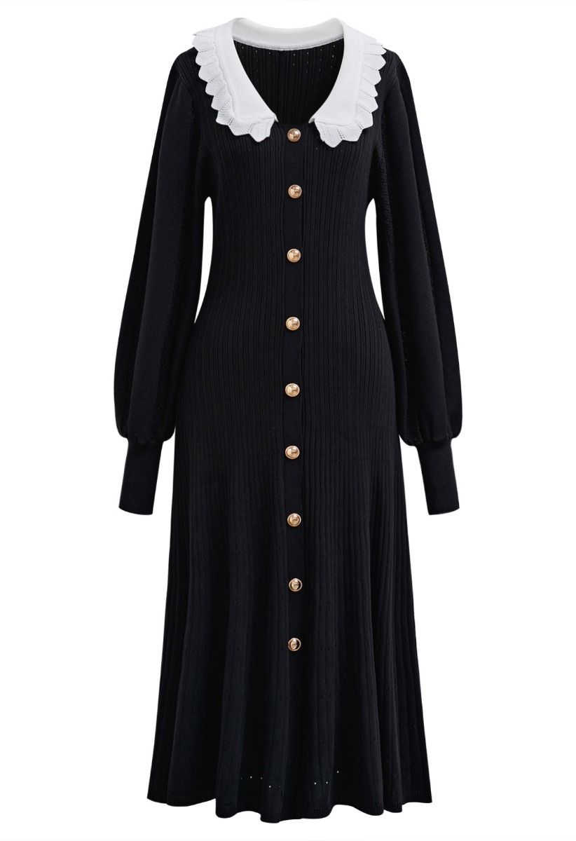 Scalloped Collar Lantern Sleeve Buttoned Midi Dress