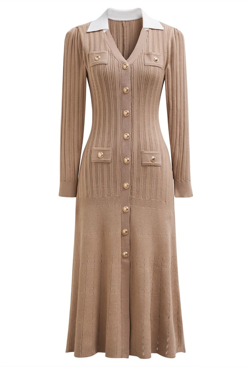 Attractive Stud Button V-Neck Collared Midi Dress in Tan