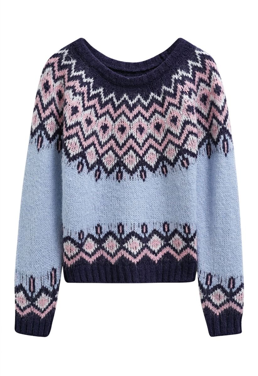 Nordic Charm Fair Isle Knit Sweater in Blue