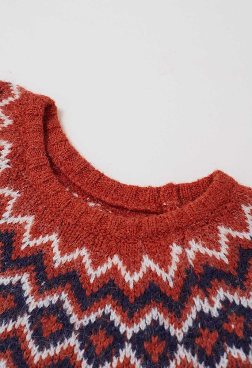 Nordic Charm Fair Isle Knit Sweater in Orange