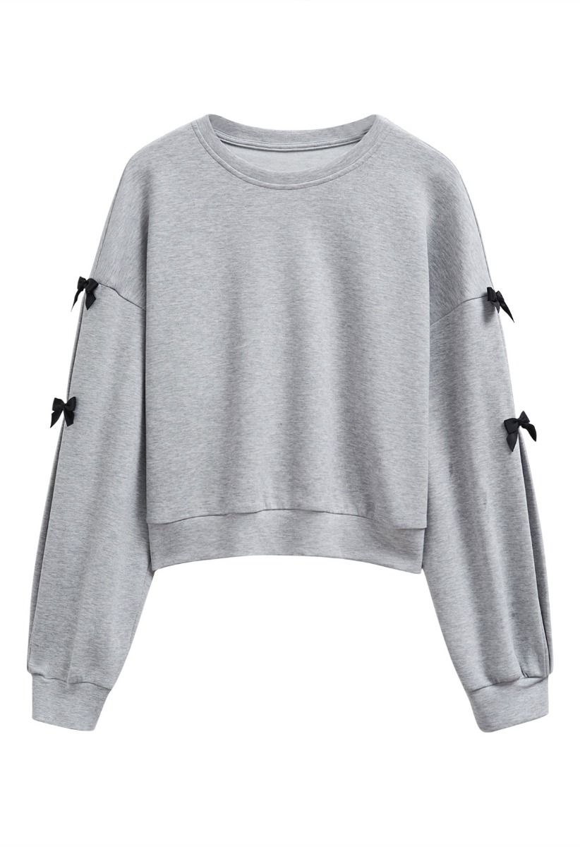 Bowknot Adorned Sleeve Cropped Sweatshirt in Grey