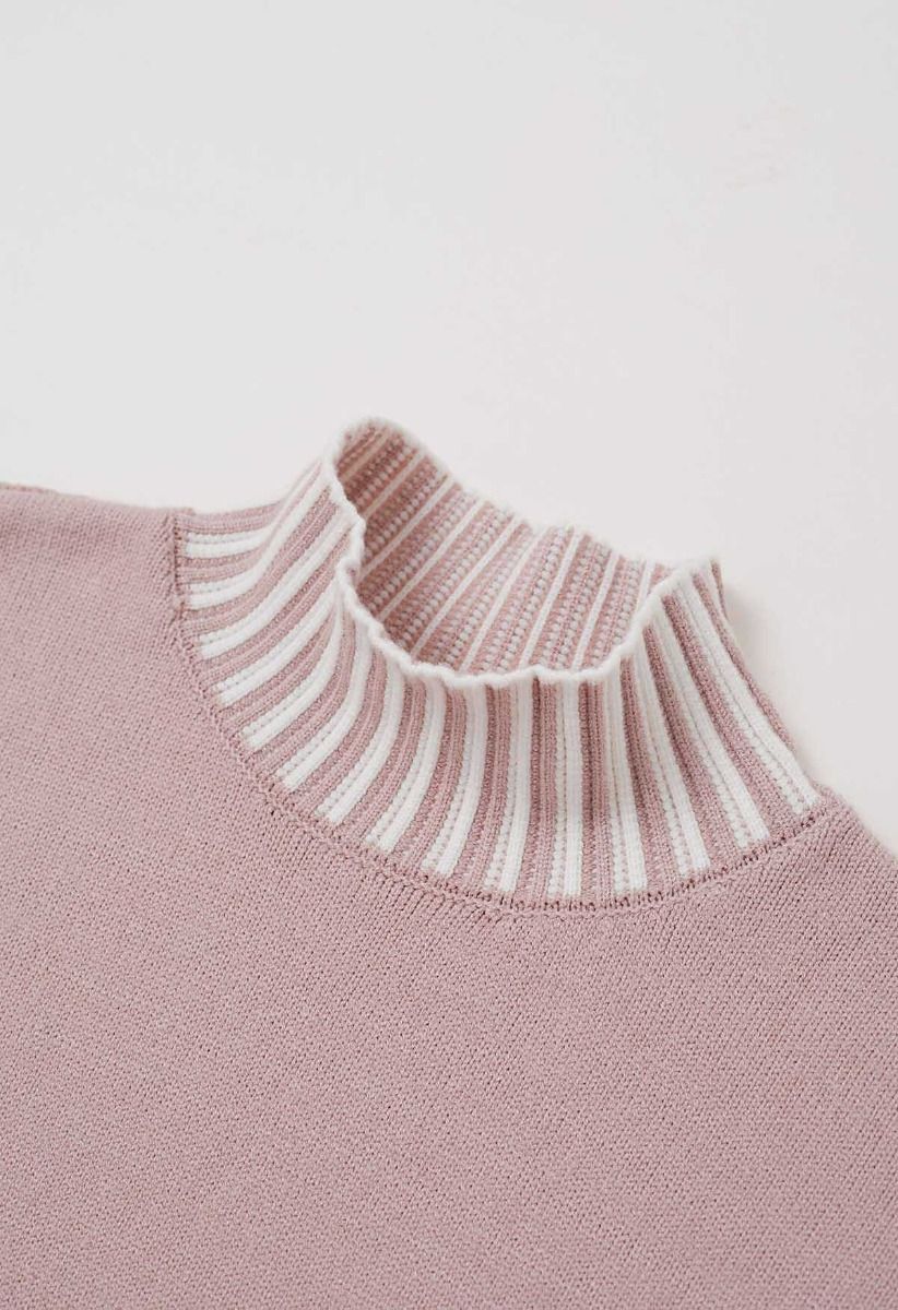 Contrast Stripe Mock Neck Knit Sweater Dress in Dusty Pink