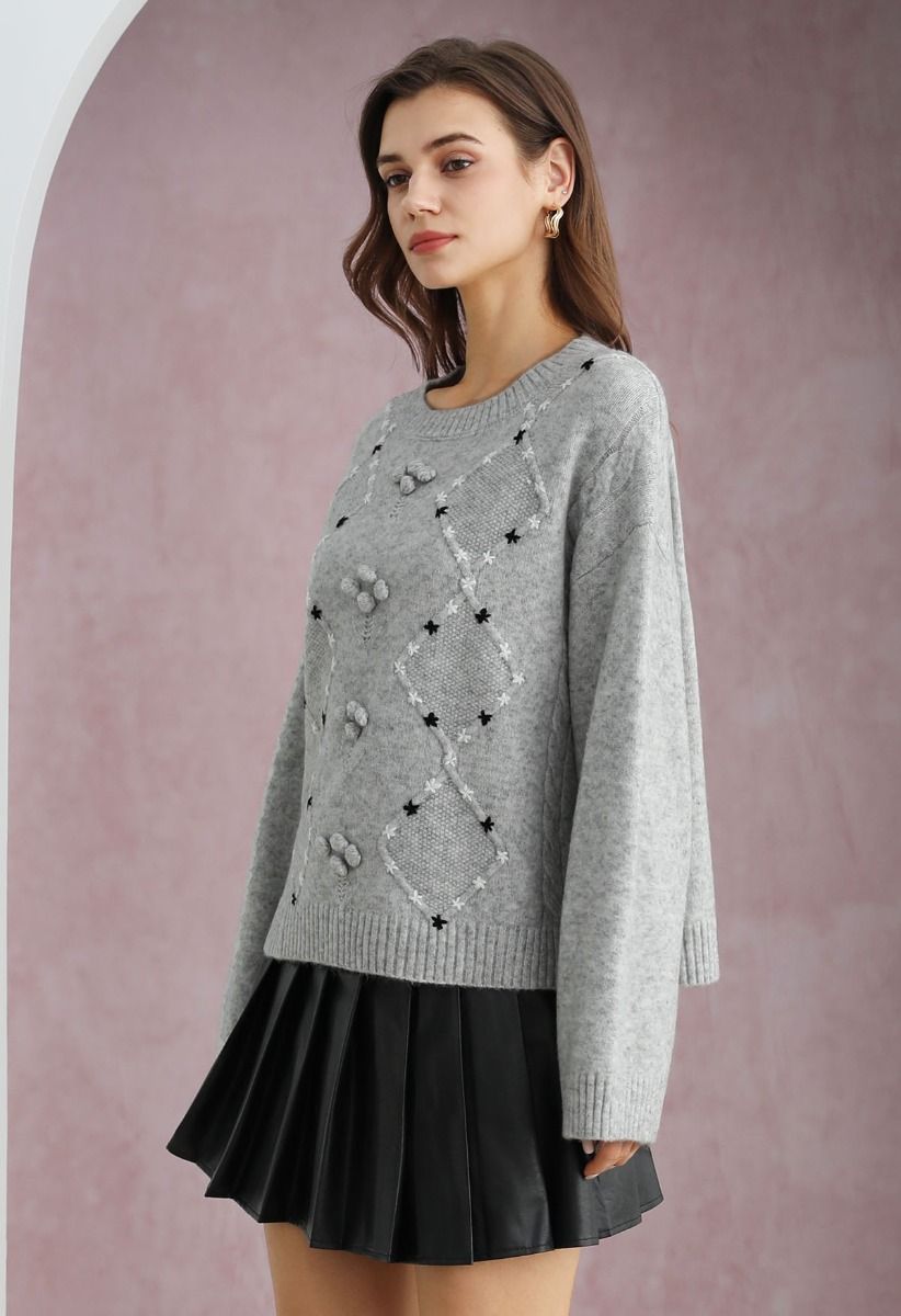 Floral Diamond Pom-Pom Ribbed Knit Sweater in Grey