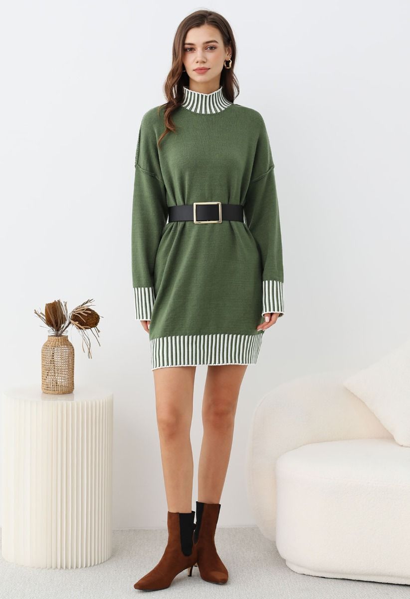 Contrast Stripe Mock Neck Knit Sweater Dress in Green