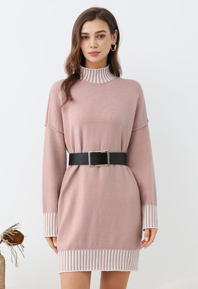 Contrast Stripe Mock Neck Knit Sweater Dress in Dusty Pink