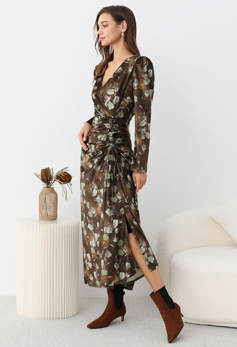 Rosy Elegance Drawstring Wrapped Velvet Maxi Dress in Green