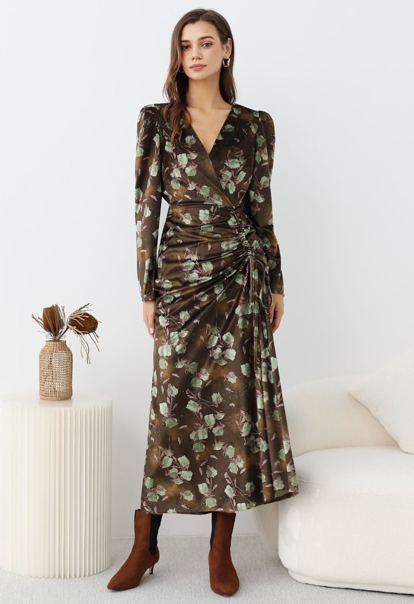 Rosy Elegance Drawstring Wrapped Velvet Maxi Dress in Green