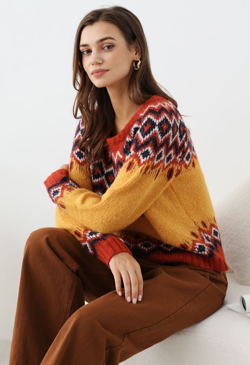 Nordic Charm Fair Isle Knit Sweater in Orange