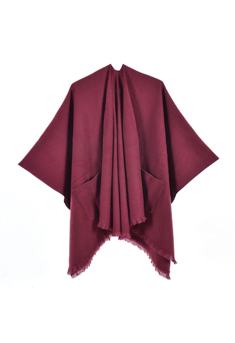 Whisper Soft Pocket Fringed Hem Poncho in Burgundy