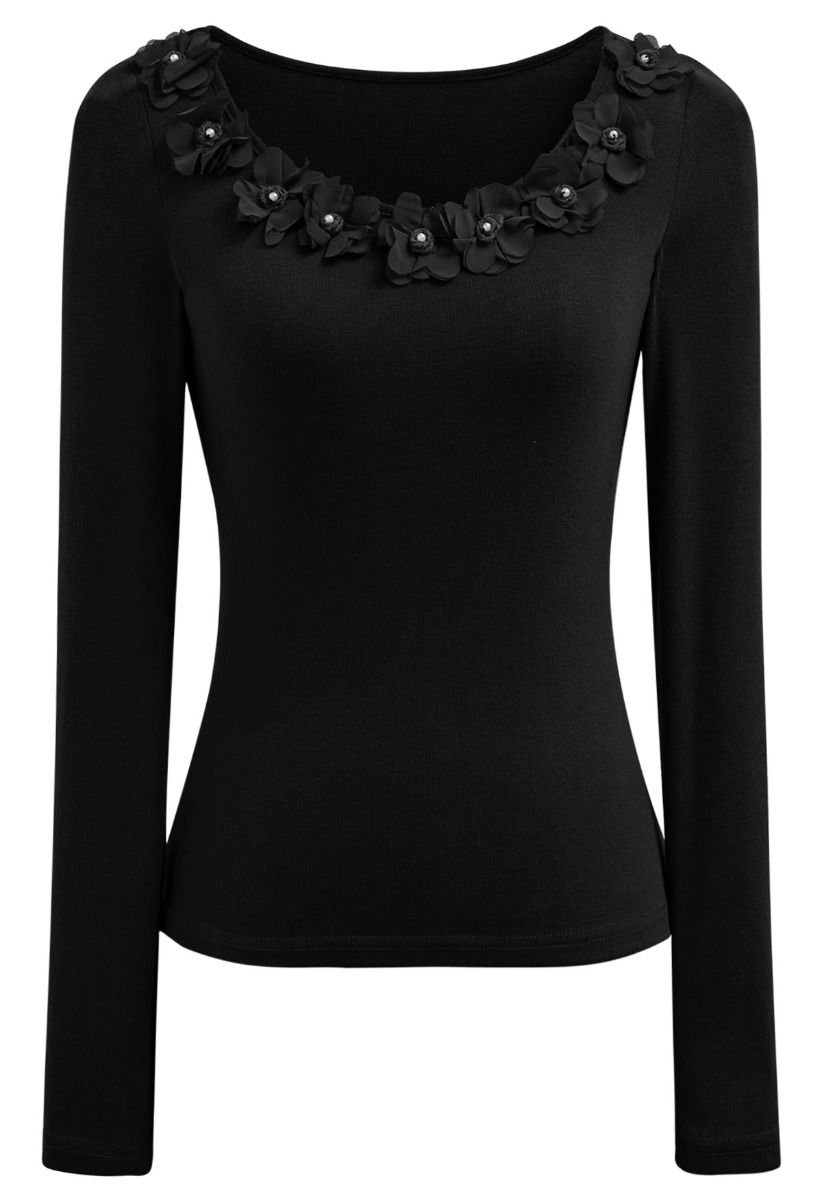 3D Flowers Neckline Long Sleeve Fitted Top in Black