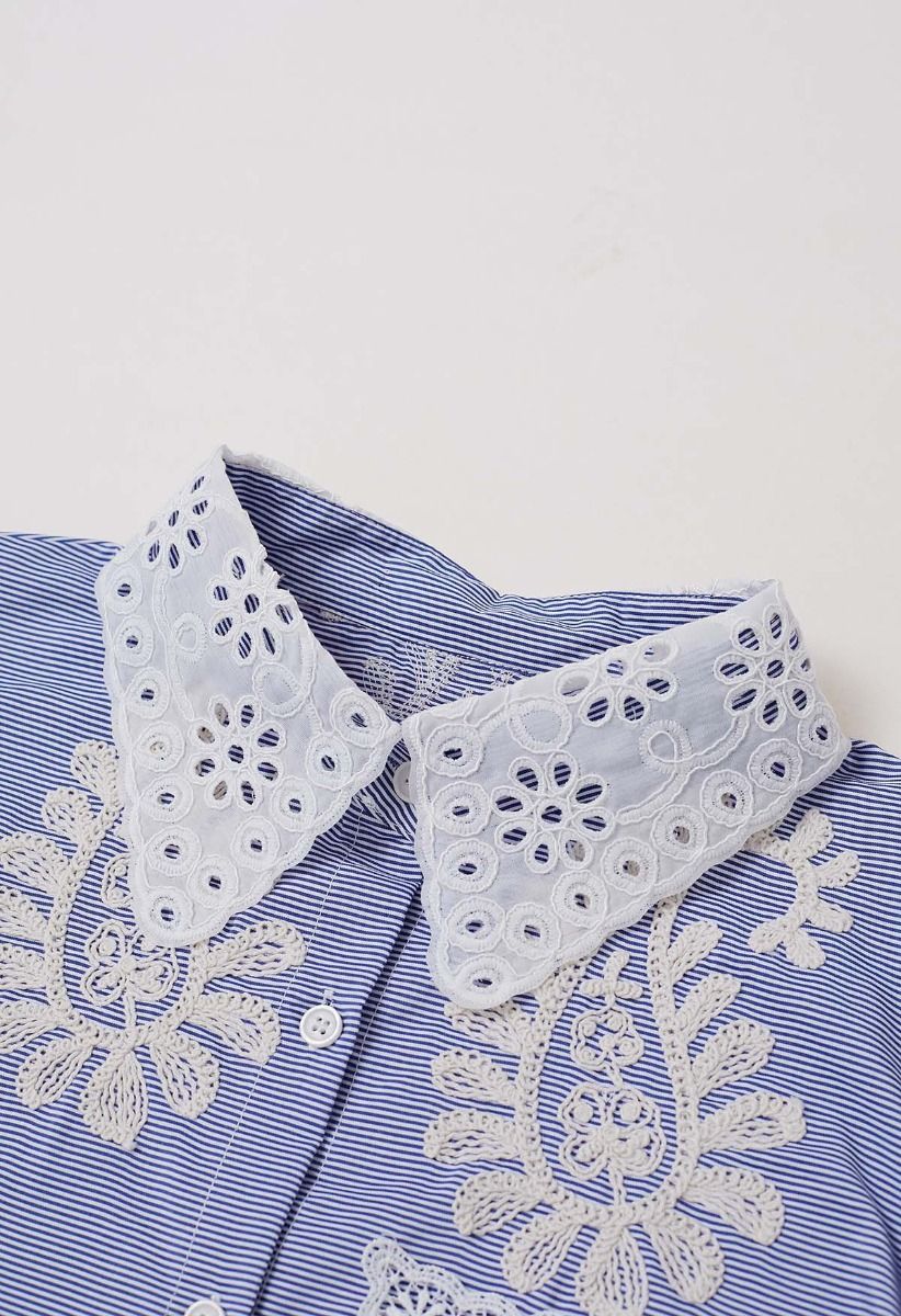 Paisley-Inspired Floral Embroidery Button-Up Shirt in Blue